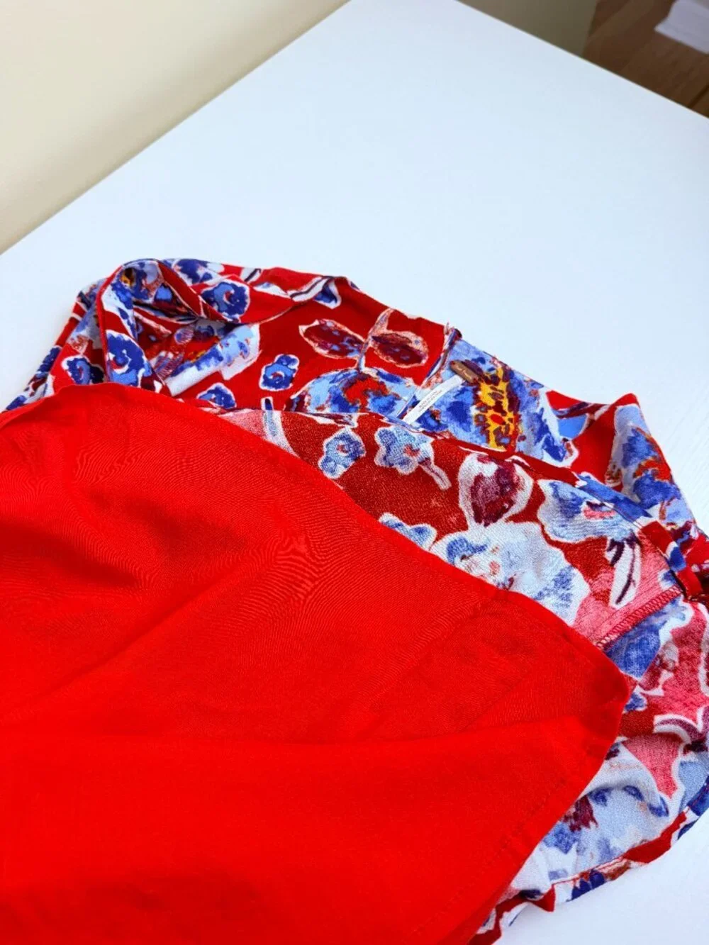 Free People Red Blue Painterly Floral Feminine Short Sleeve Mini Dress